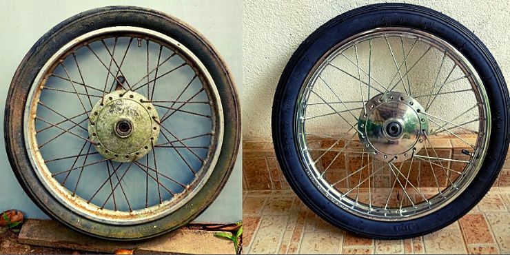 before and after picture of a rusty to clean motorcycle wheel