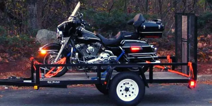 Harley-Davidson Motorcycle Tied Down On A Trailer For Transport