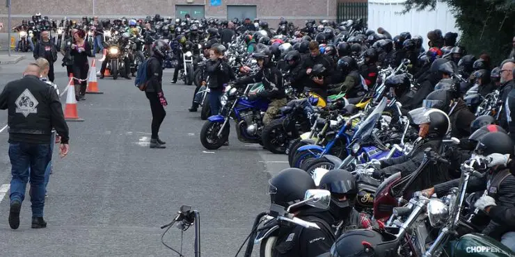 gathered harley-davidson bikers